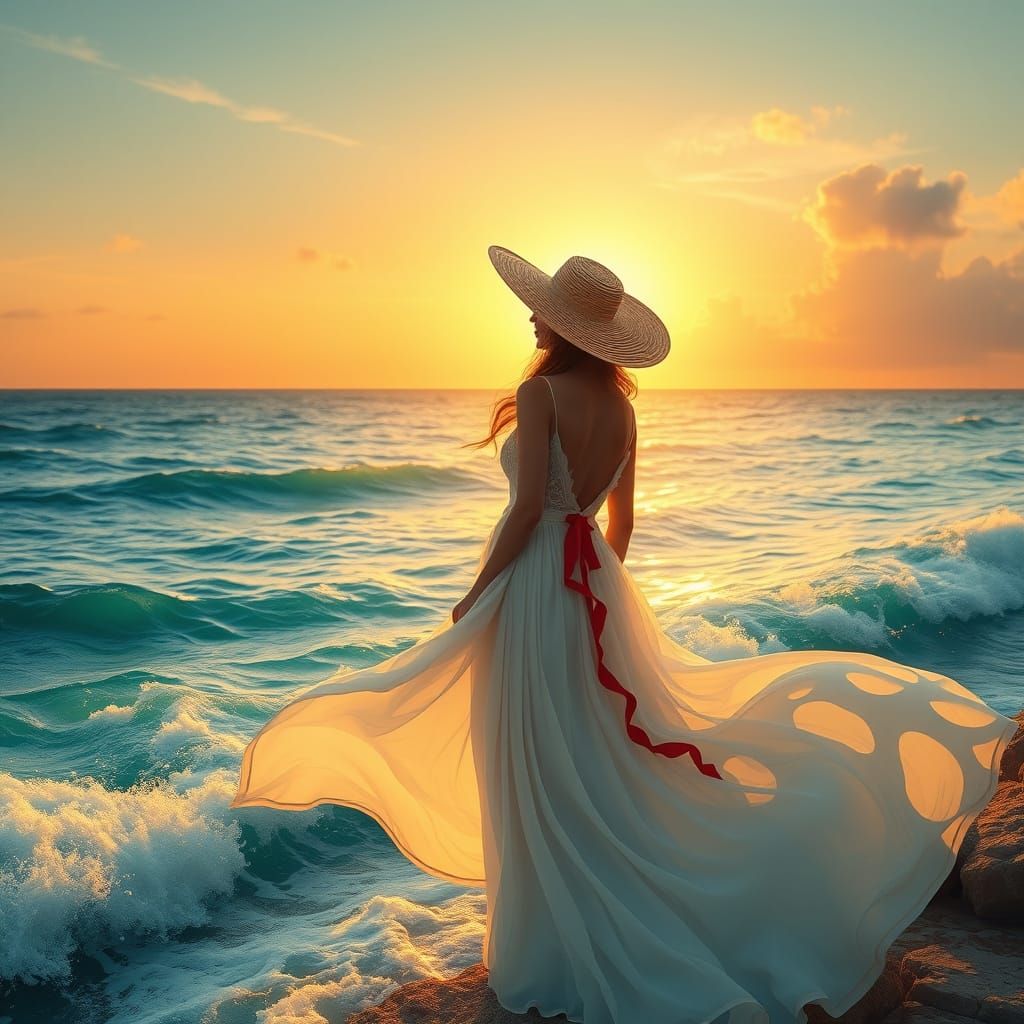 Serene Woman at Emerald Ocean's Edge, Softly Lit by Golden S...