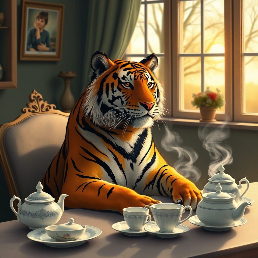 Whimsical Tiger Tea Party in a Cozy British Parlour