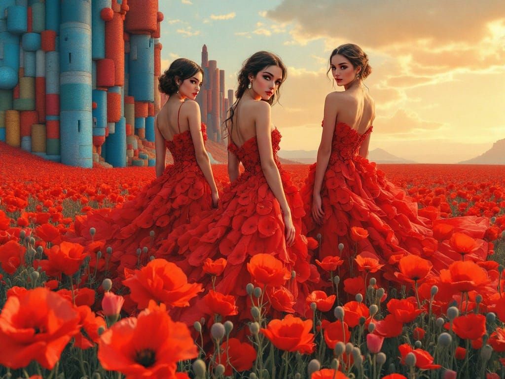 Ethereal Goddesses Amidst a Red Poppy Dreamscape