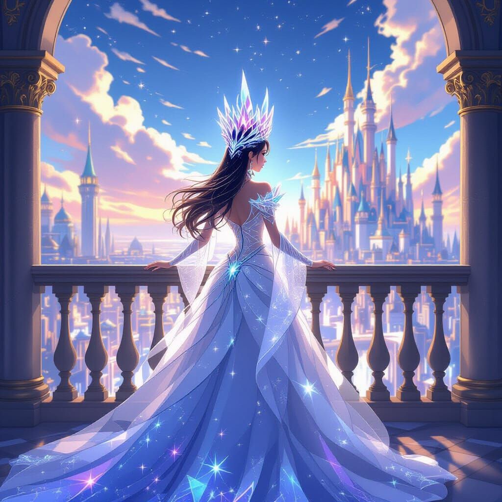 Queen on Balcony Overlooking Fantasy City in Anime Style