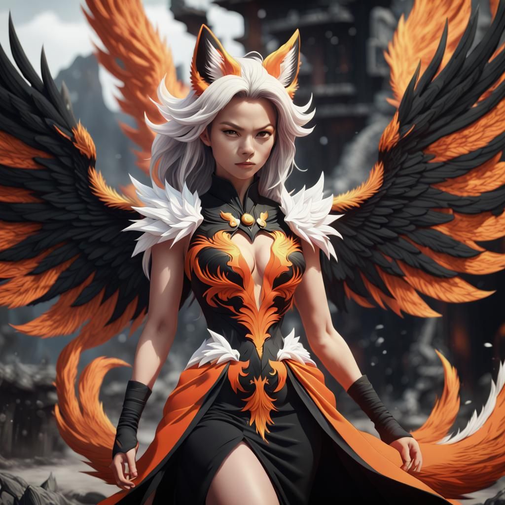Saiyan Kitsune with Phoenix Wings: Fantasy Art