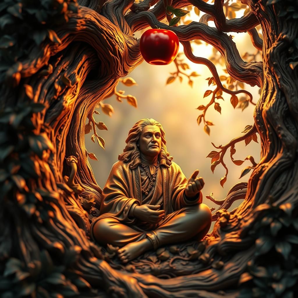 Ornate Wood Carving of Isaac Newton and Apple