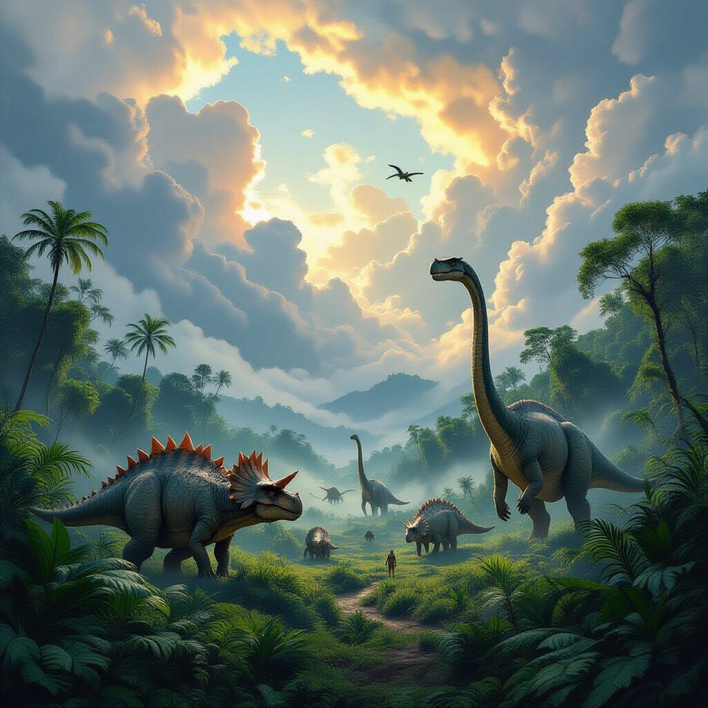 Dramatic Prehistoric Landscape with Dinosaurs in Cinematic S...