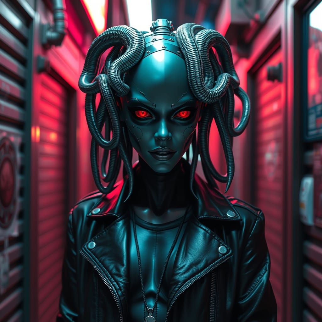 Cyberpunk Android Goddess in Dark Neon Alleyway