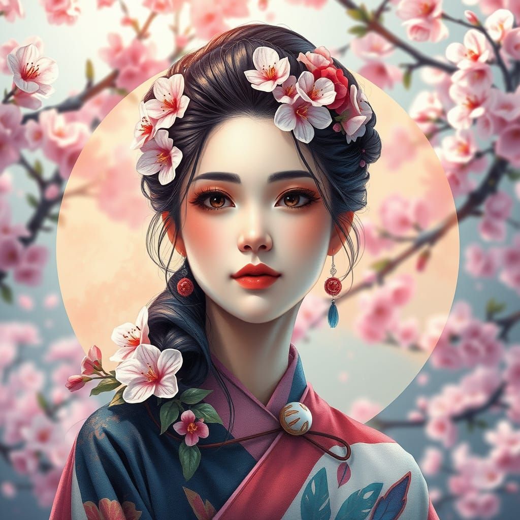 Exotic Oriental Beauty with Intricate Updo and Vibrant Cherr...