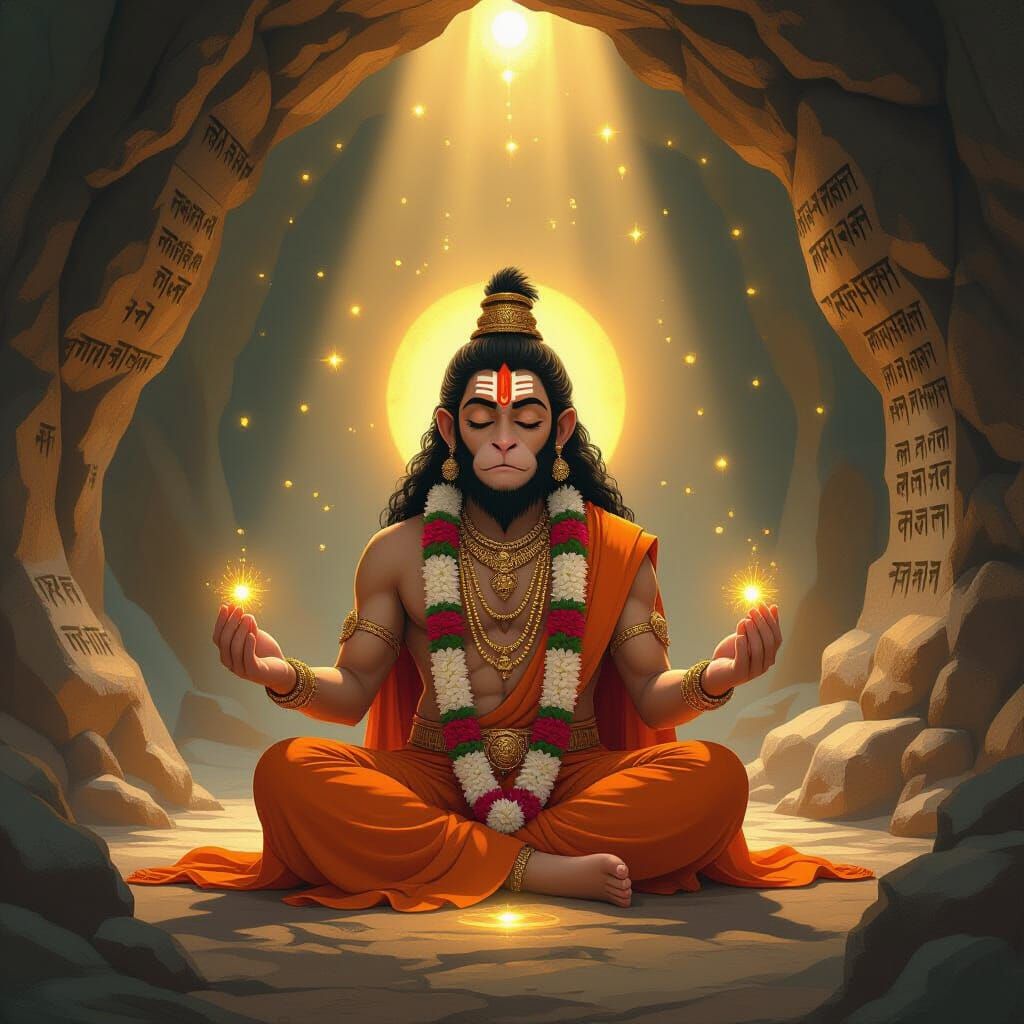 Hanuman's Silent Devotion in Luminous Cave