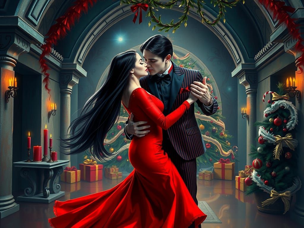 Gothic Couple Tango Dancing in Crypt Christmas Setting