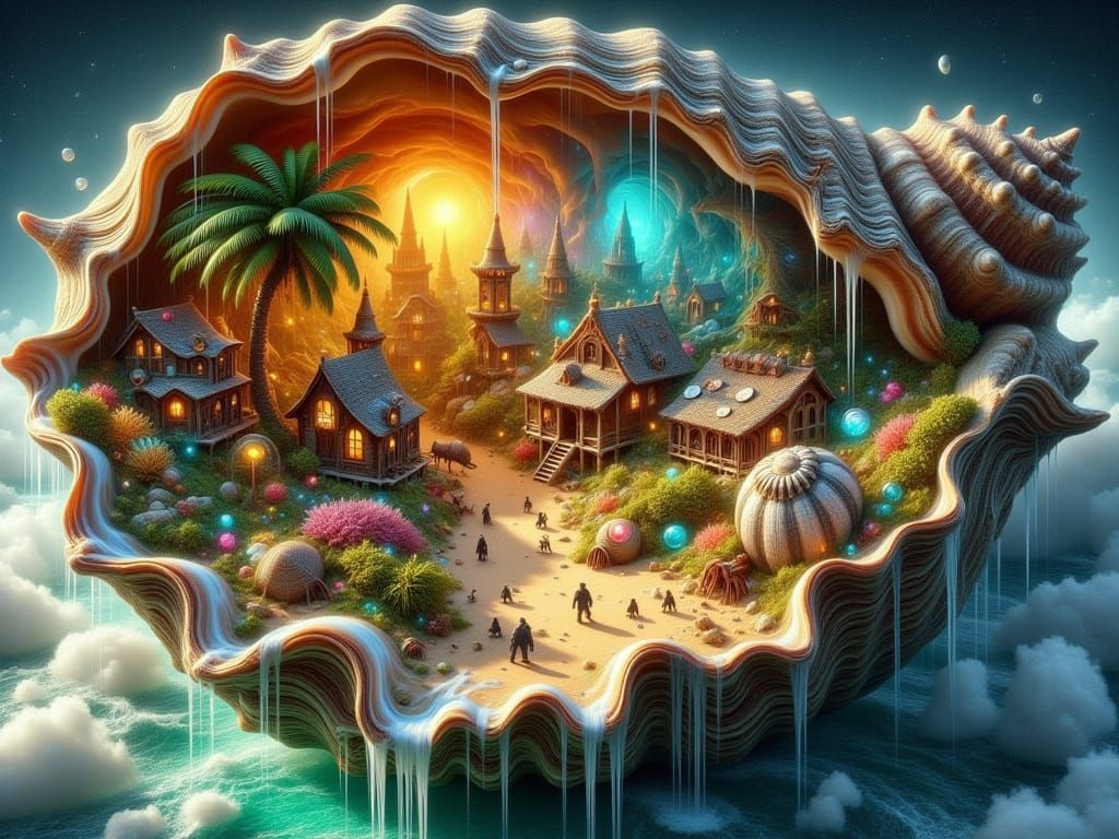 Whimsical Miniature City Inside Ancient Shell