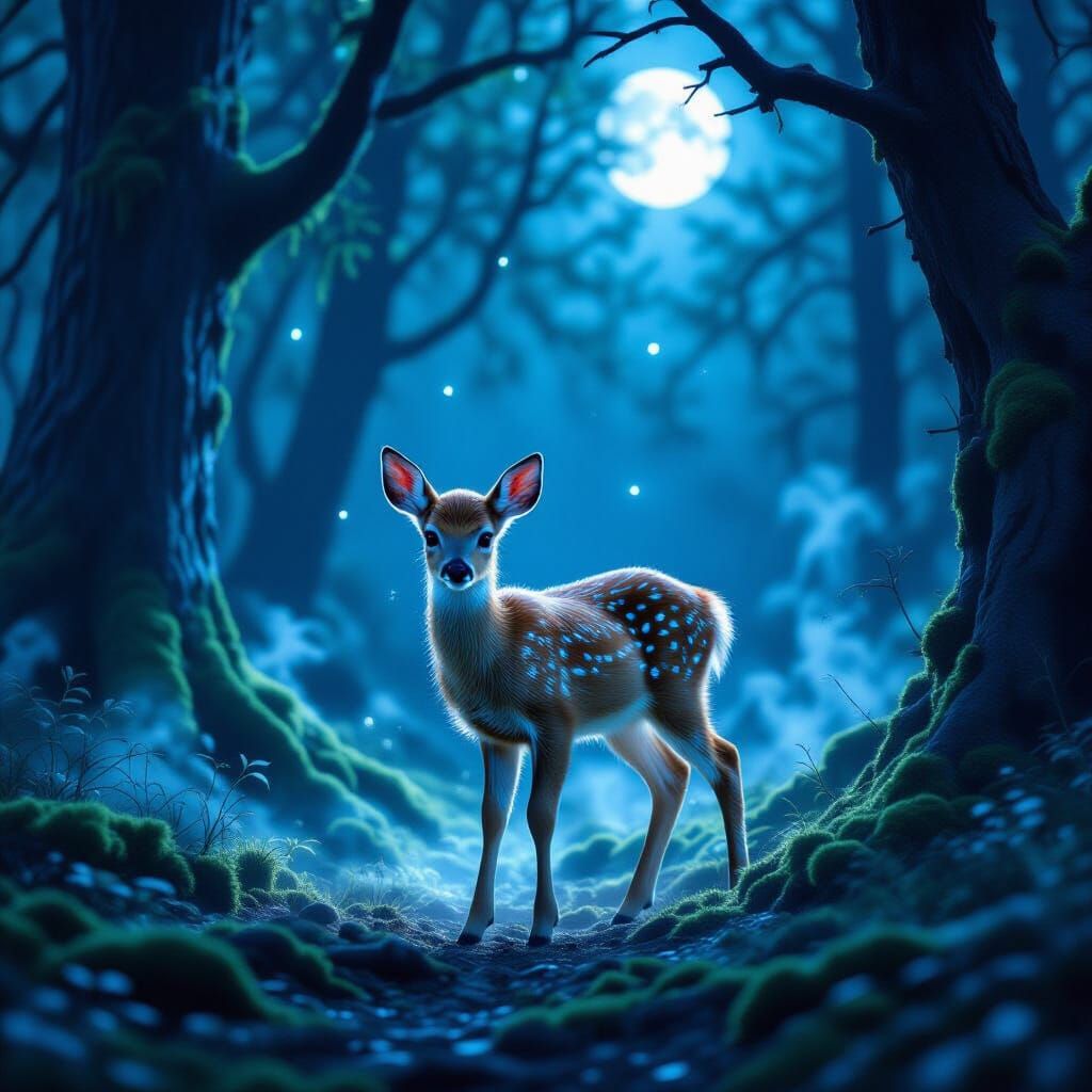 Ethereal Fawn in Moonlit Forest Clearing