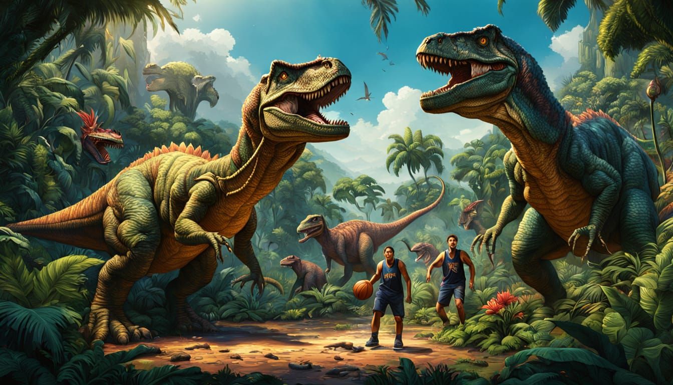 Dinosaurs Play Basketball in Lush Prehistoric Jungle