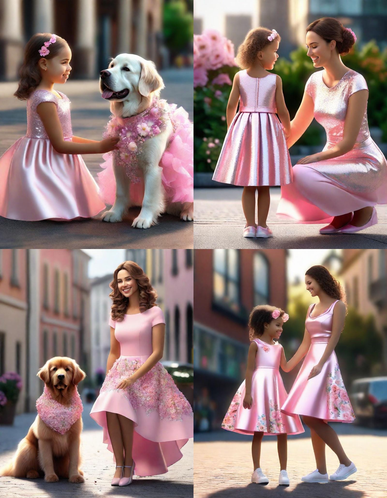Mother and Daughter in Matching Dresses Petting Dog
