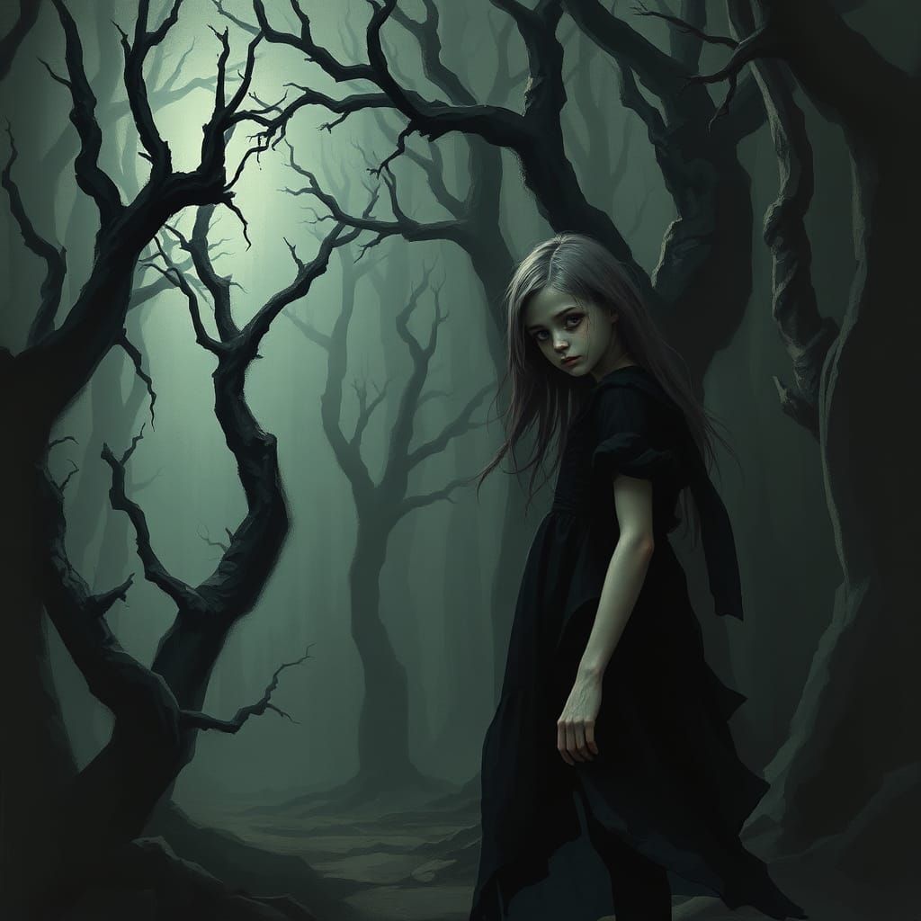 Eerie Forest Scene: Girl in Black Dress