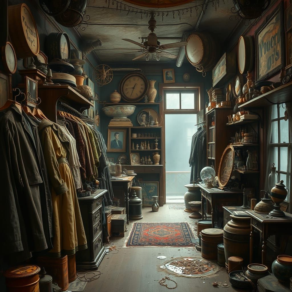 Antique Shop with Vintage Treasures, Painting Style