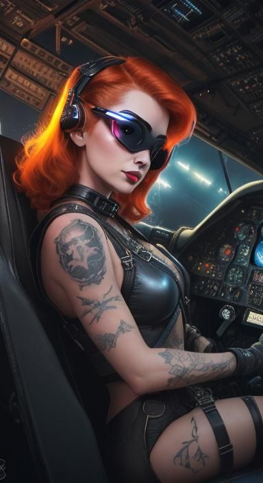 Cyberpunk Pinup Pilot in Glowing Aircraft Cockpit