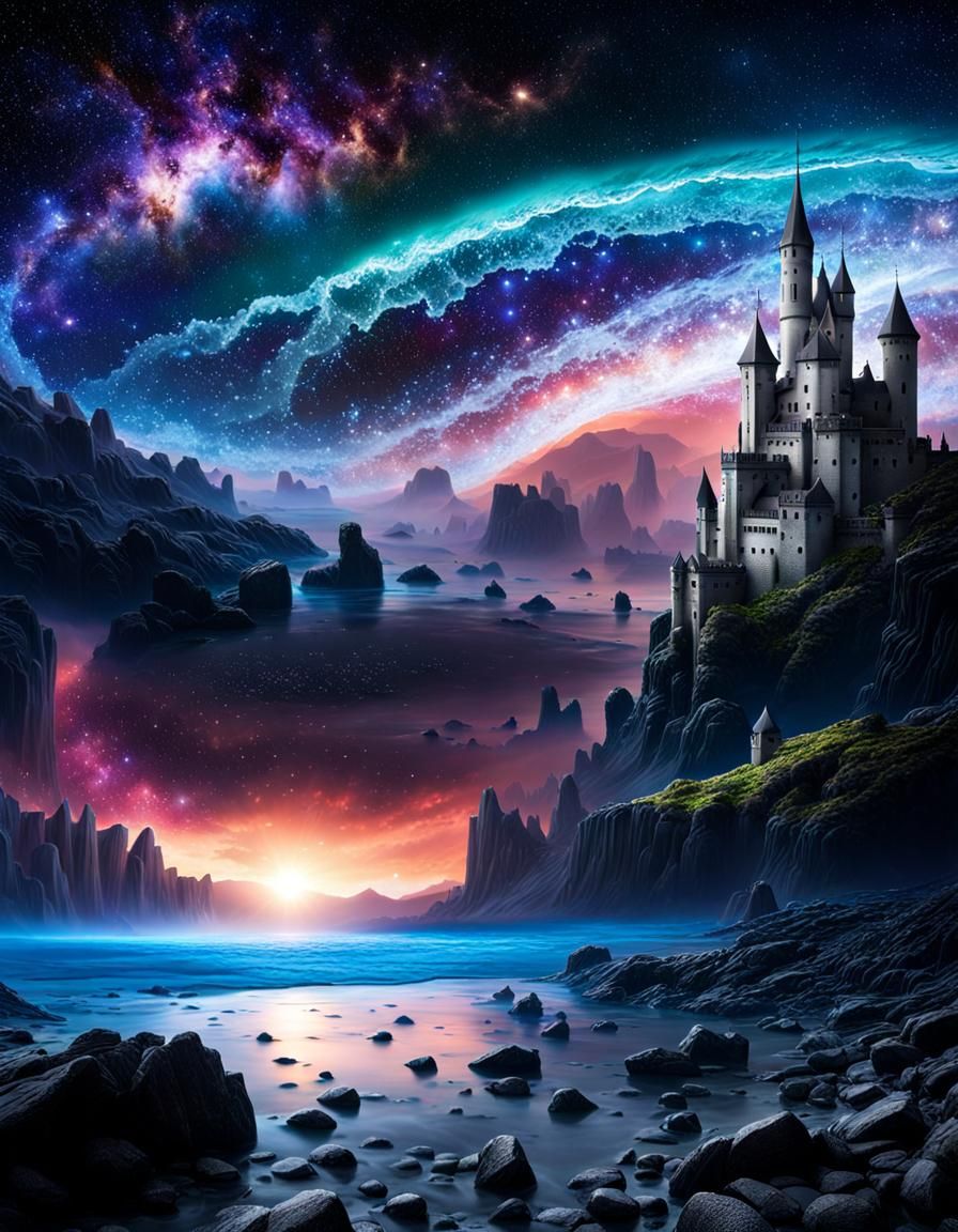 Underwater Galaxy with Bioluminescent Waves and Castle
