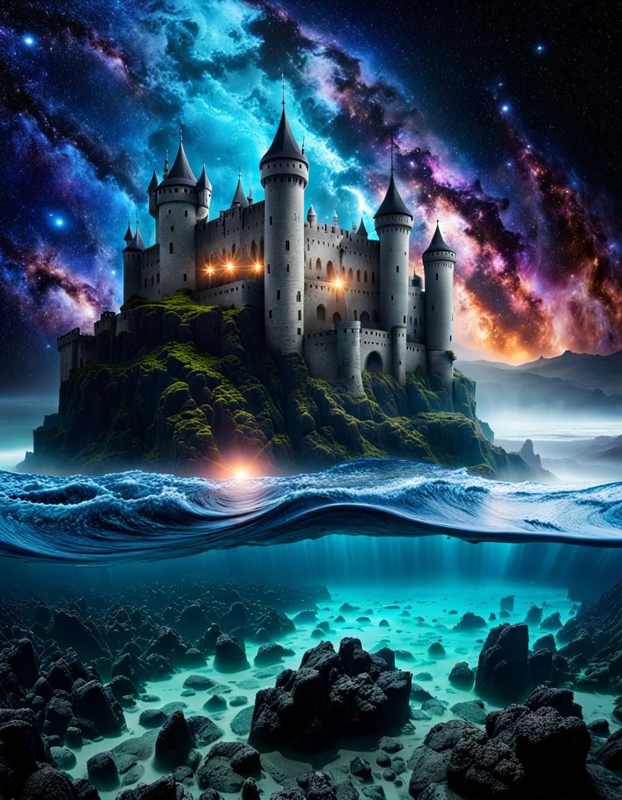 Underwater Galaxy Reflecting Bioluminescent Waves and Castle