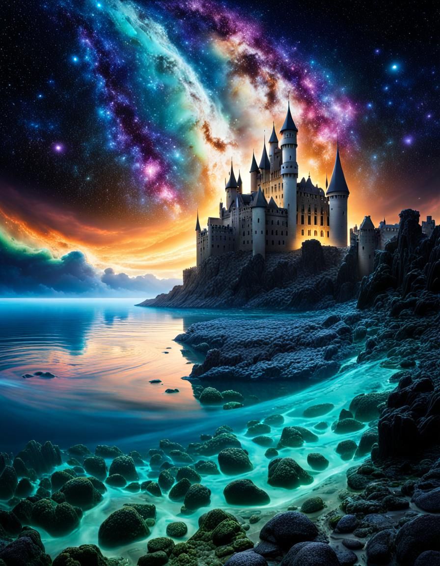 Bioluminescent Waves Under Galaxy Sky