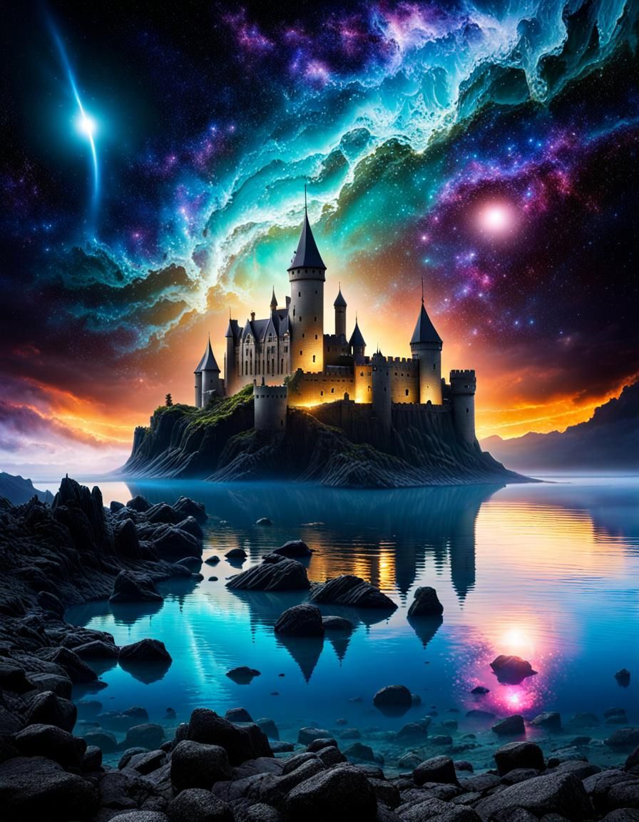 Bioluminescent Underwater Galaxy with Medieval Castle