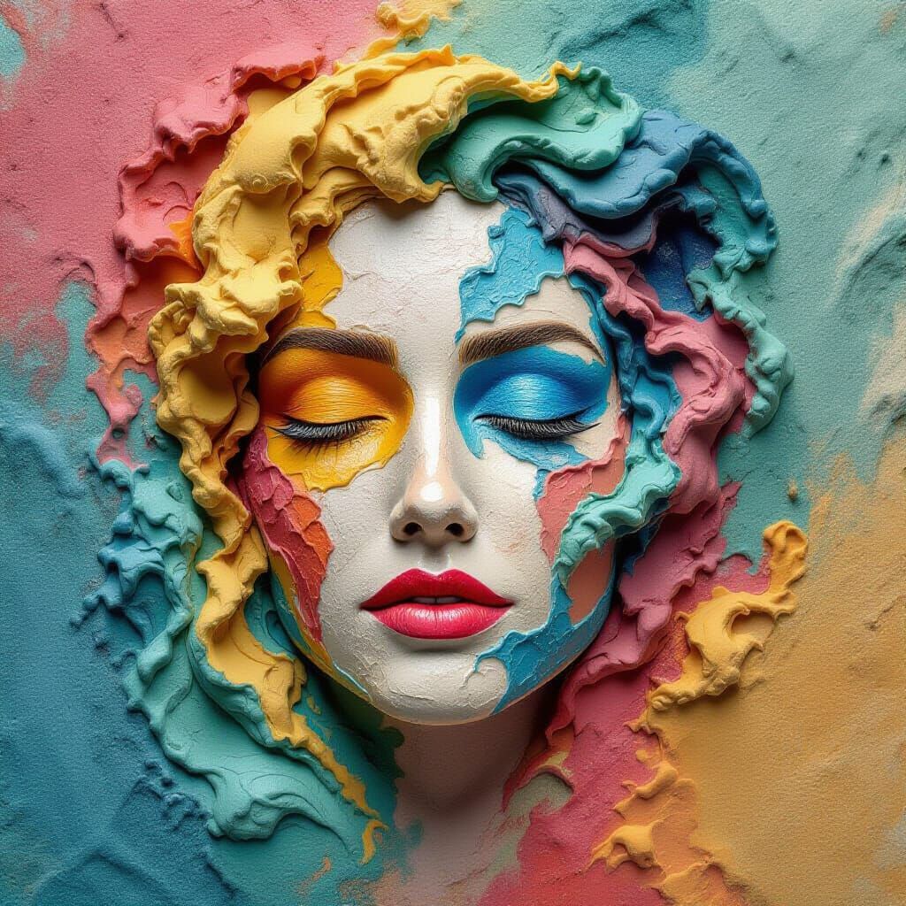 Surreal Woman's Face Emerges from Colorful Wet Clay