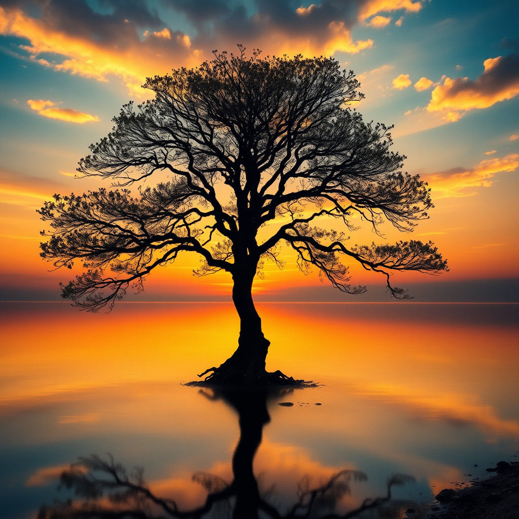 Majestic Tree at Sunset: Hyperrealistic Lake Reflection