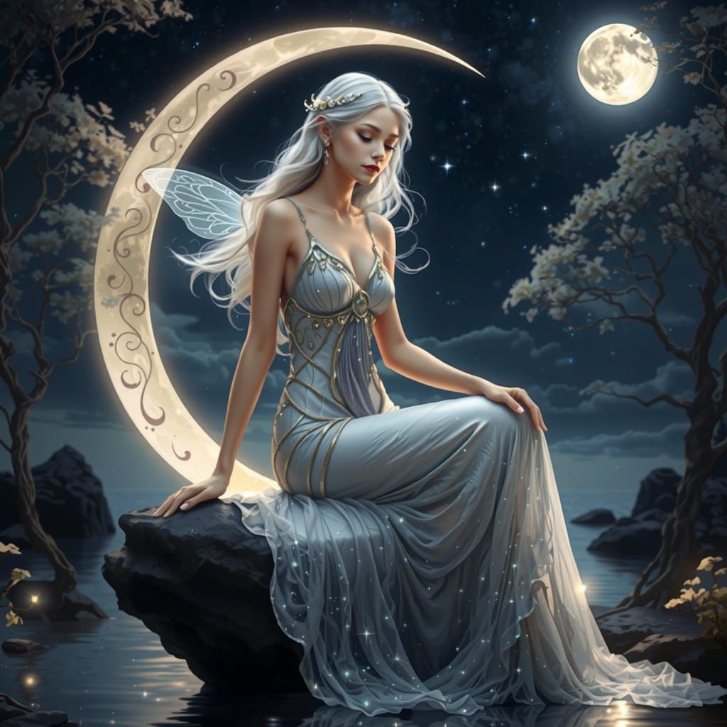Moonlit Fairy Goddess in a Celestial Landscape