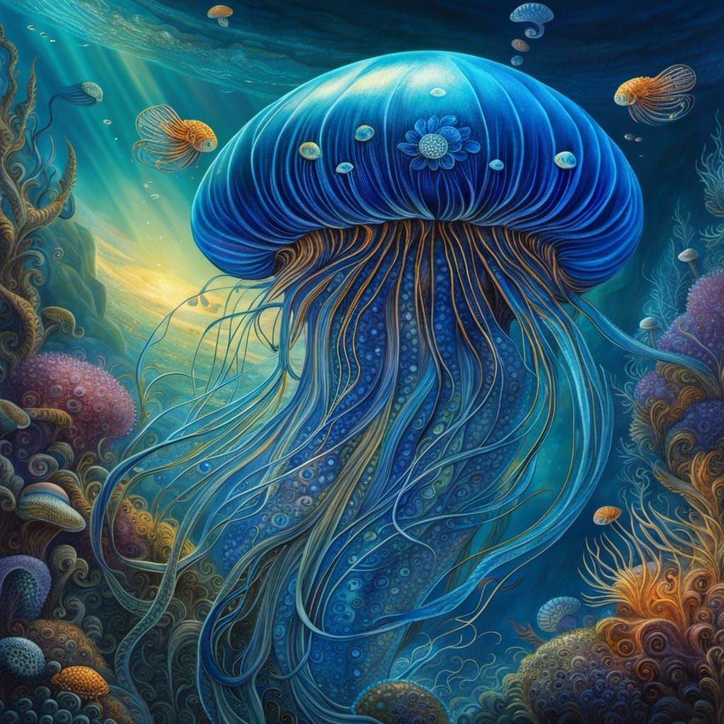 Blue Jellyfish Underwater: Detailed Digital Concept Art
