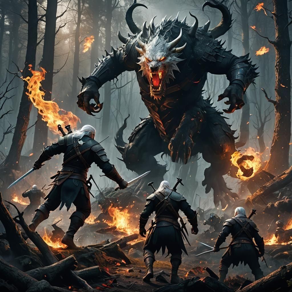 Epic Witcher Battle in Dark Forest: Detailed Matte Painting