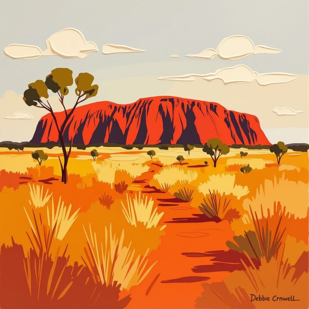 Australian Landscape with Uluru as Impasto Painting