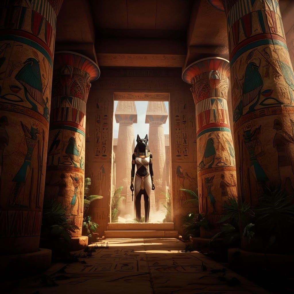 Bastet in Sun-Drenched Egyptian Temple Art