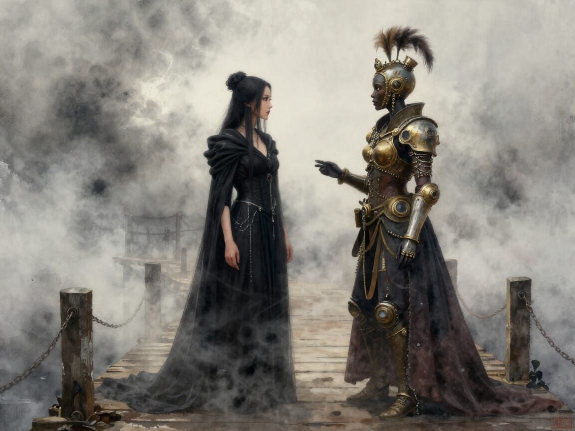 Sinister East Asian Queen Greets Steampunk Queen on Pier