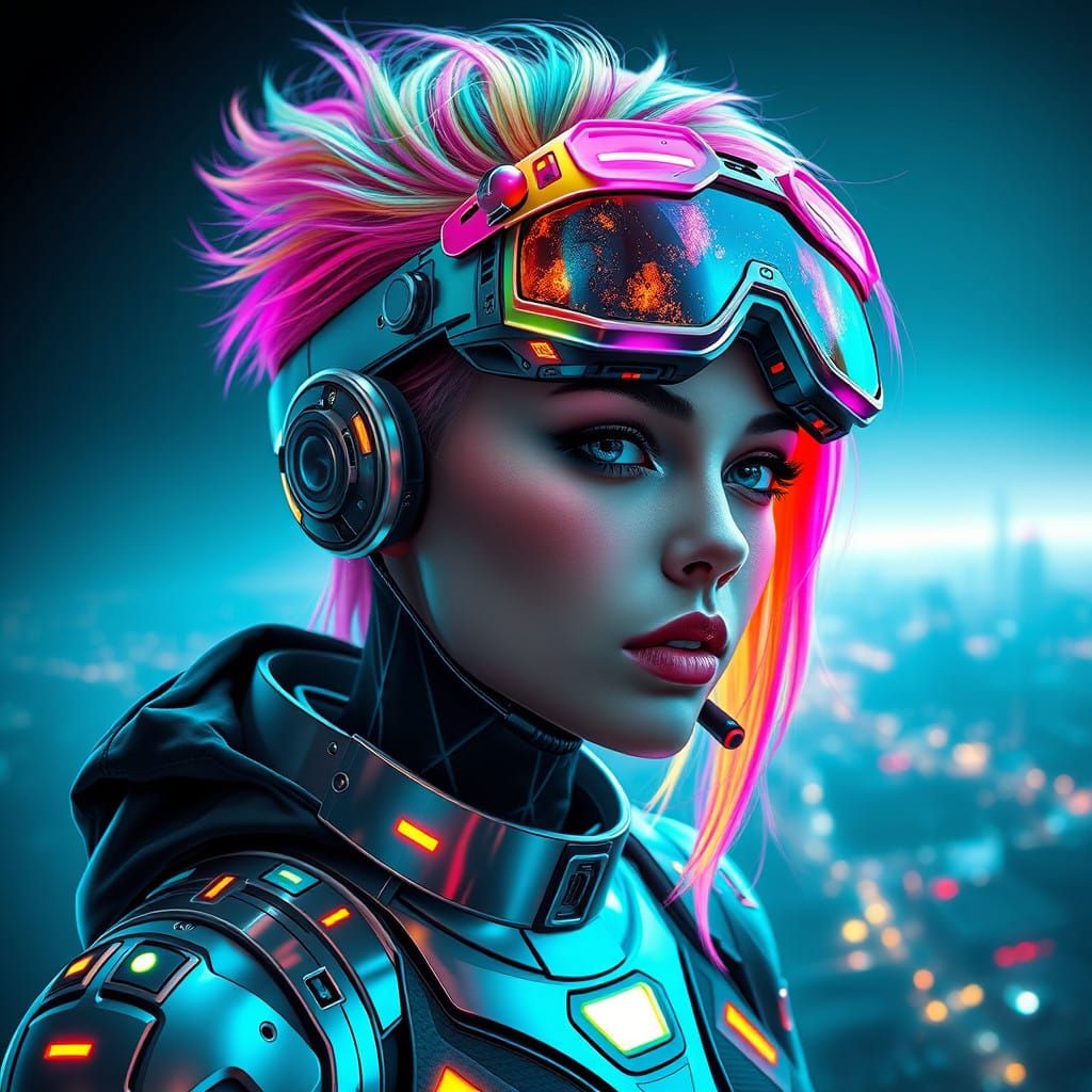 Neon Cyborg Goddess in Cyberpunk Metropolis