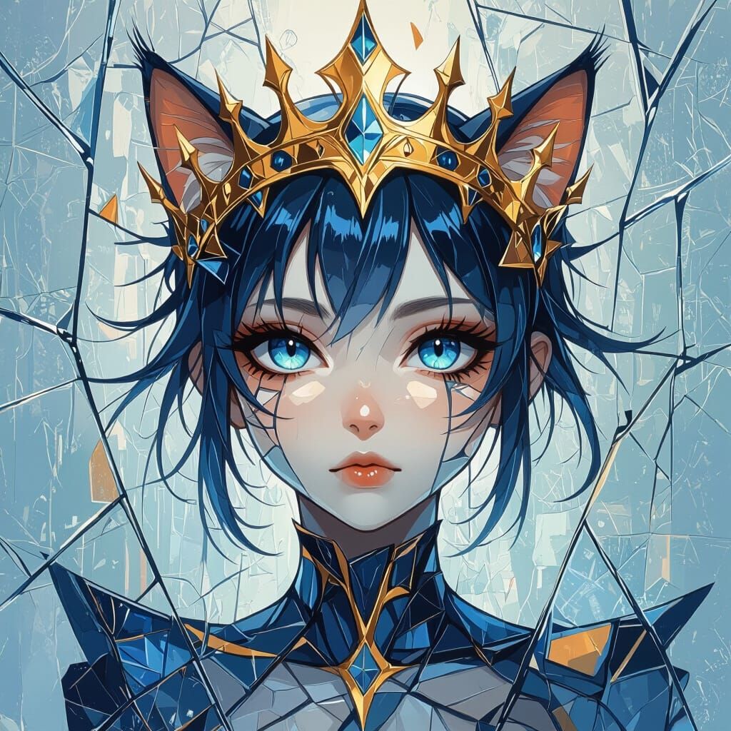Refracted Cat-Girl with Gold Crown in Blue and Orange