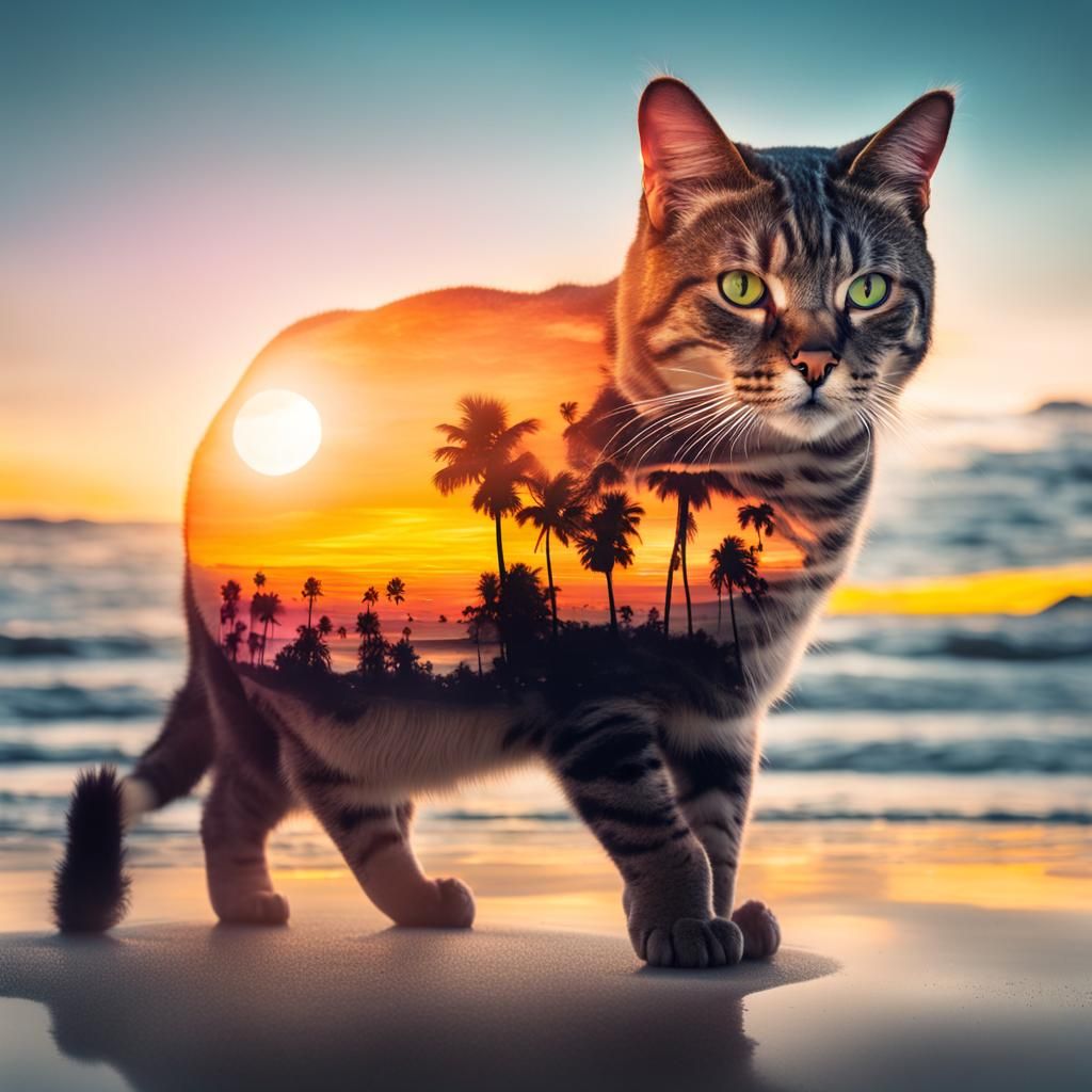 Cosmic Cat Double Exposure on Sunset Beach