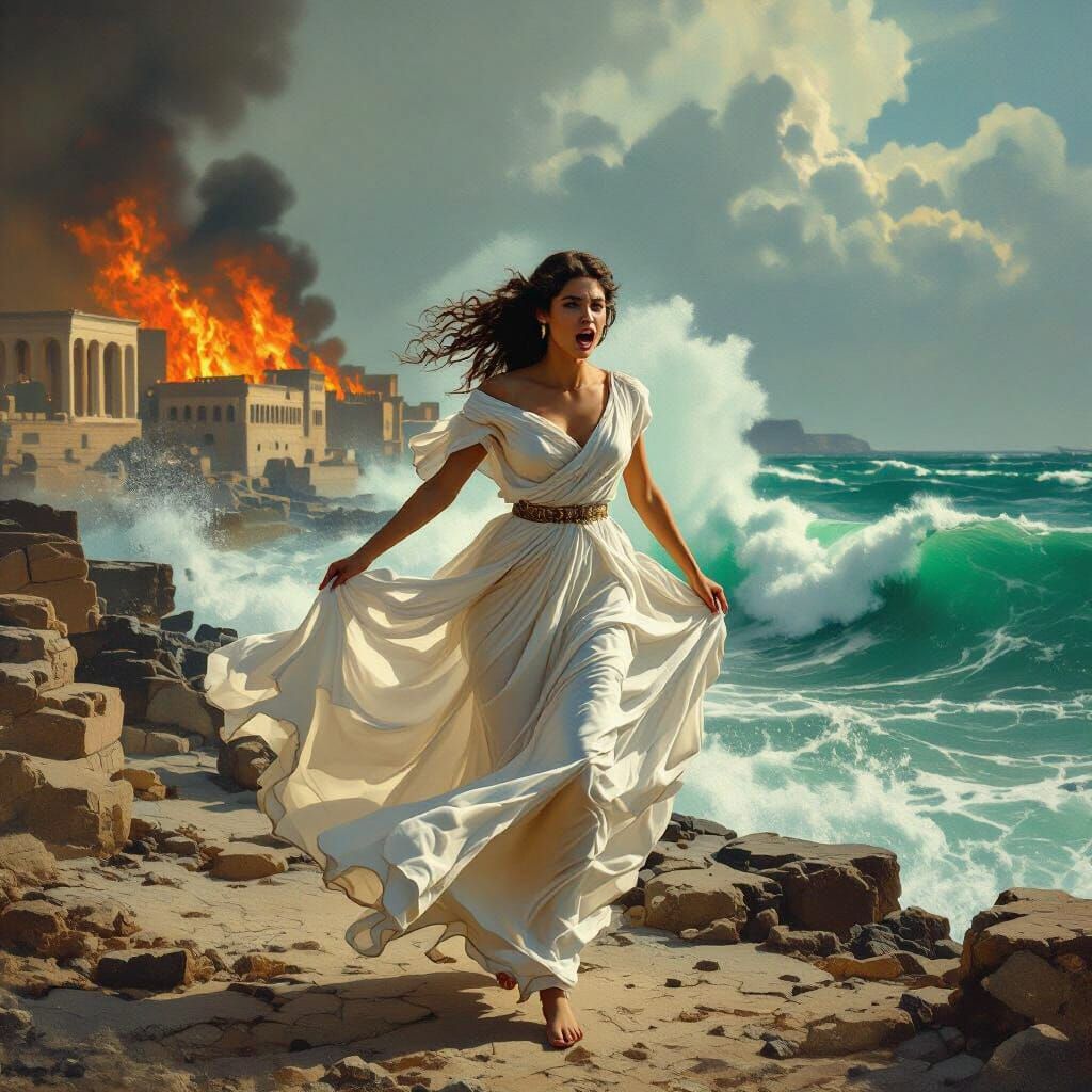 Model Flees Burning City in Romanticism Style