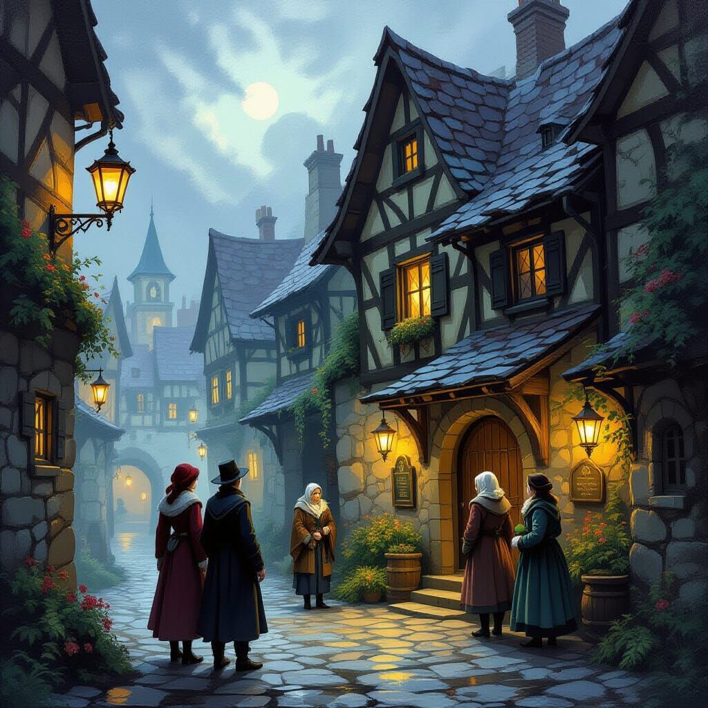 Mysterious Inn Gathering in Oil Painting Style