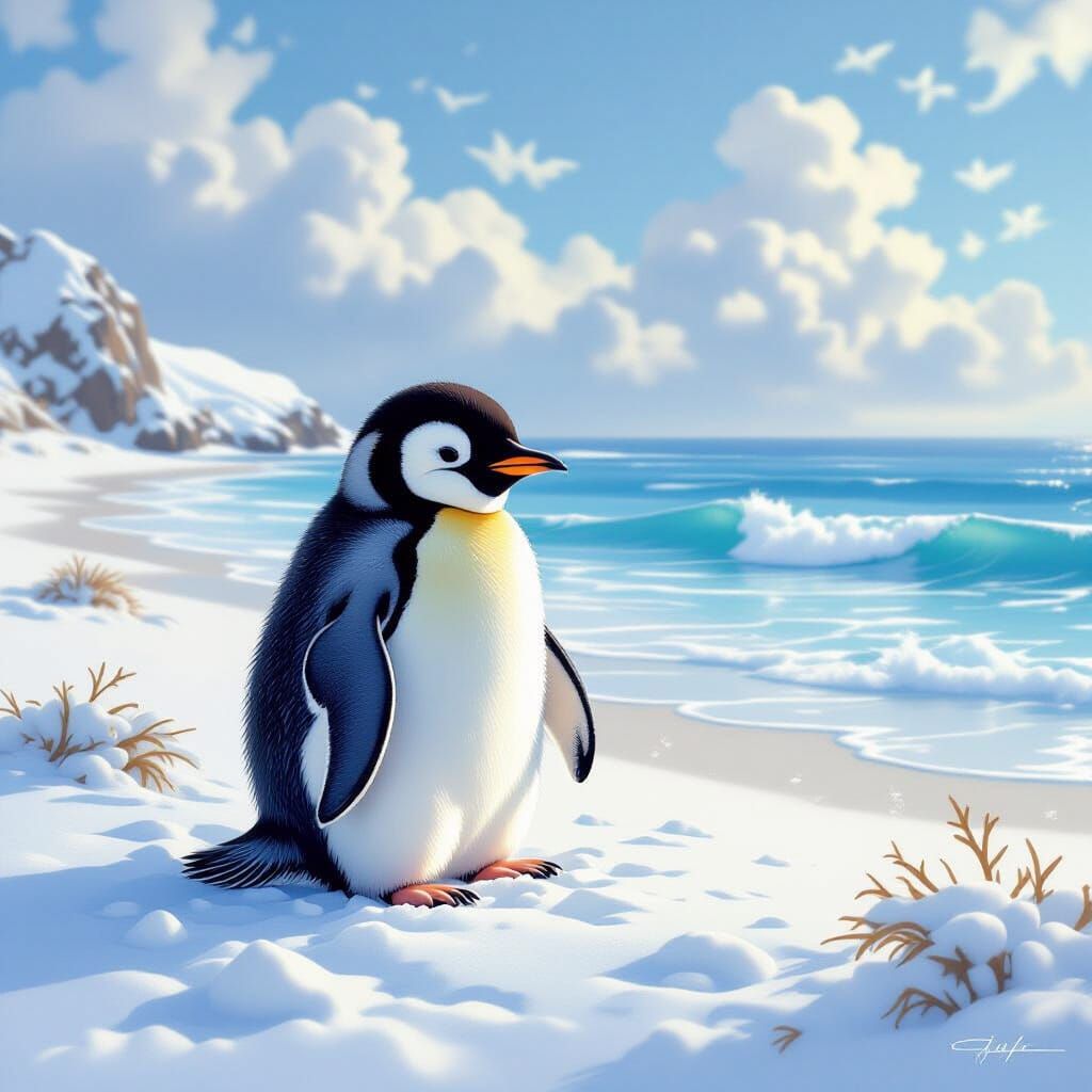 Fluffy Penguin Plays on Snowy Seashore