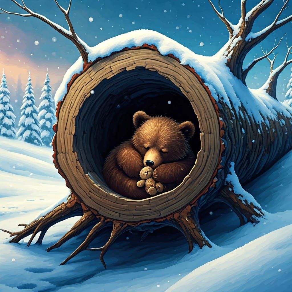 Sleeping Baby Bear Cub in Winter Wonderland