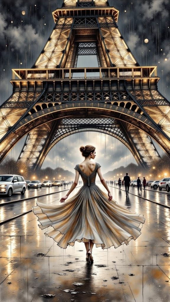 Woman Walks Towards Eiffel Tower in Moody Paris