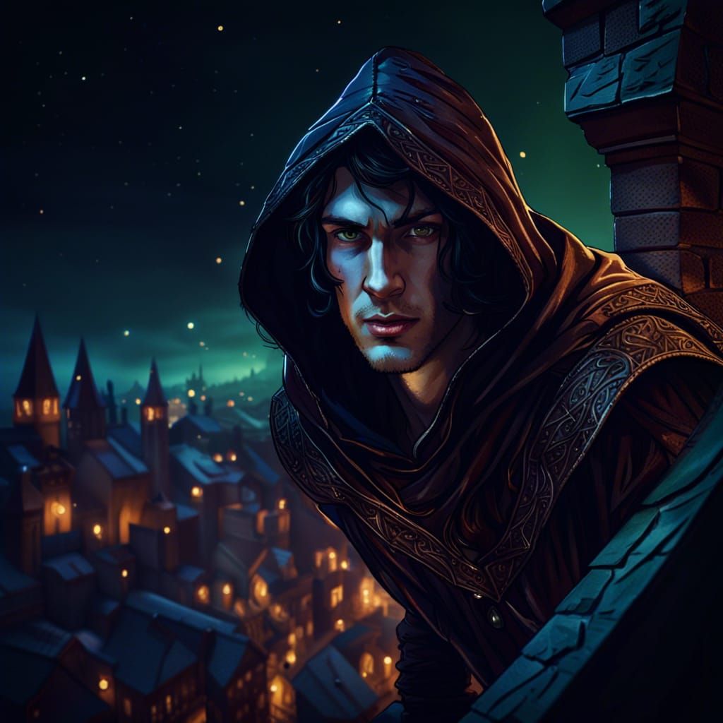 Elven Rogue Sneaking on Medieval City Roof