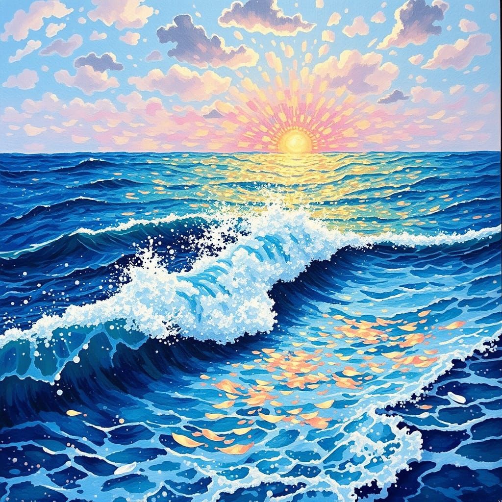 Pointillist Ocean Landscape with Waves and Sea Spray