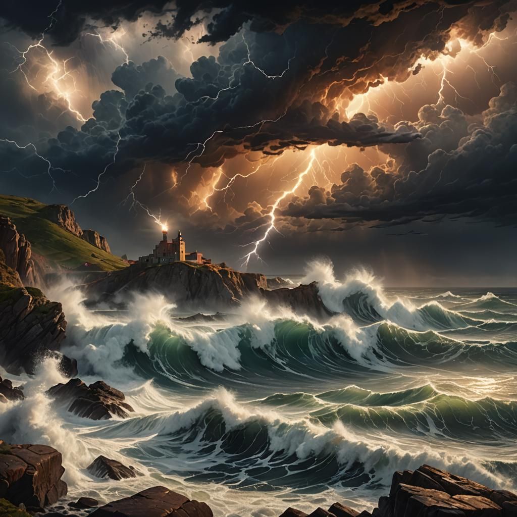 Stormy Sea with Towering Waves: Oil Painting
