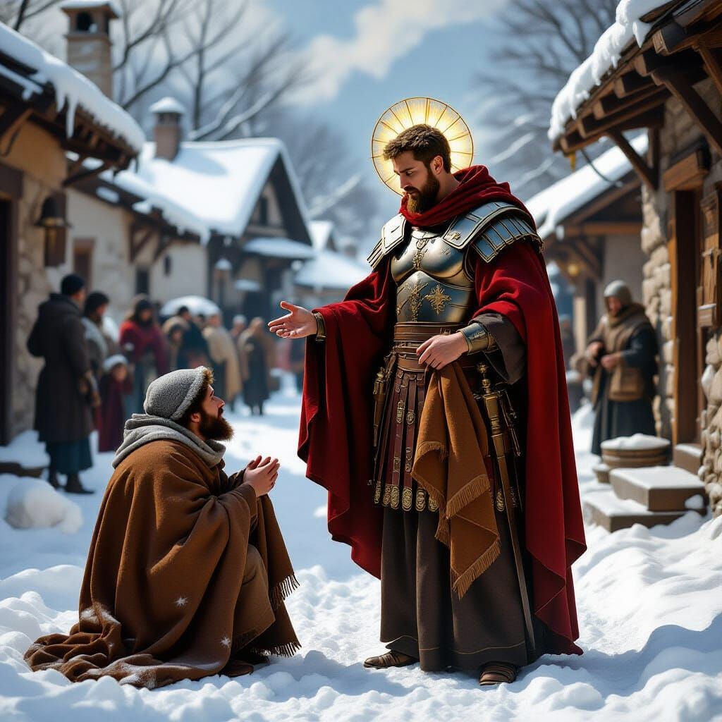 Saint Martin Shares Coat with Beggar in Snowy Village