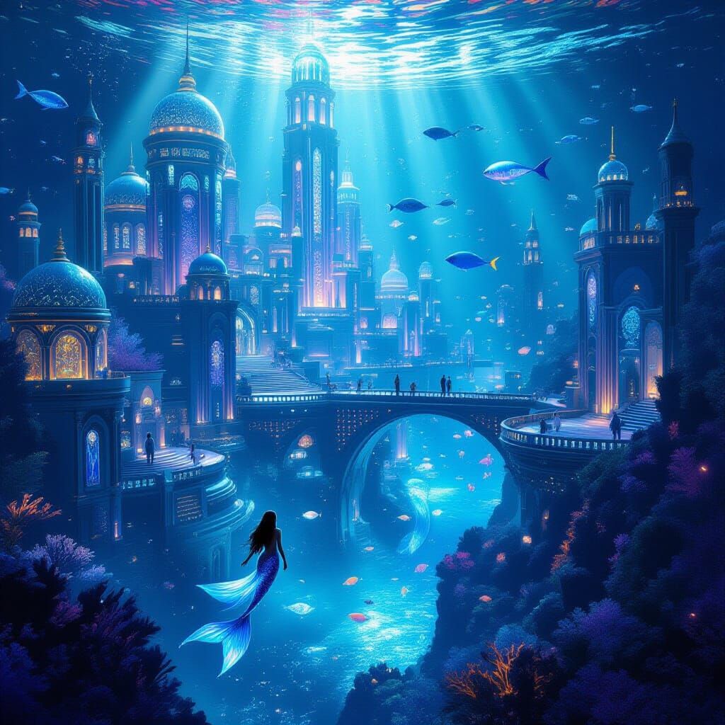 Bioluminescent Underwater City with Mermaids