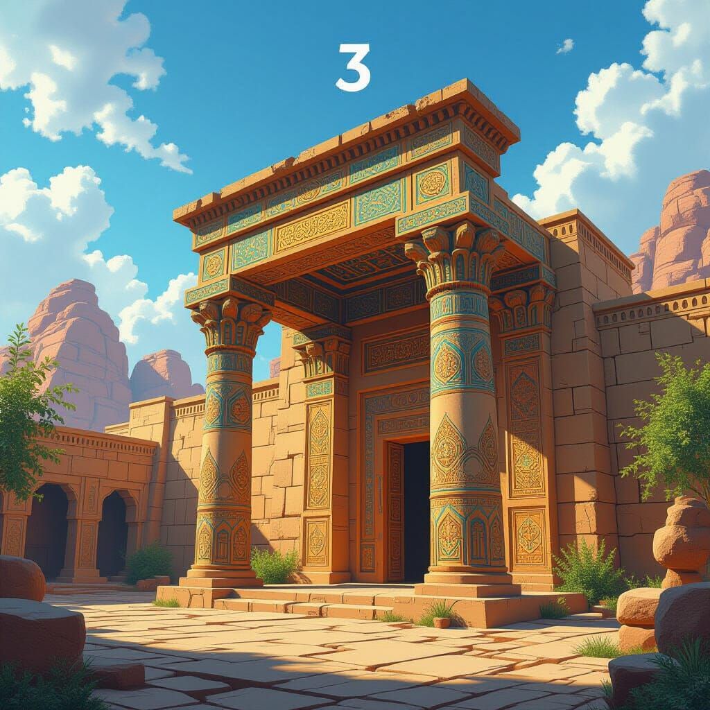 Ancient Temple with Intricate Carvings and Number 3