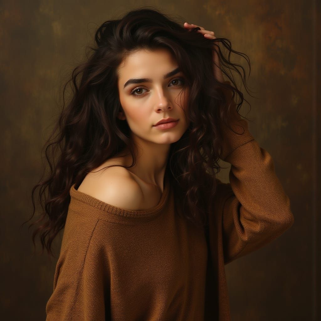 Woman in Brown Sweater, Oil Painting Style