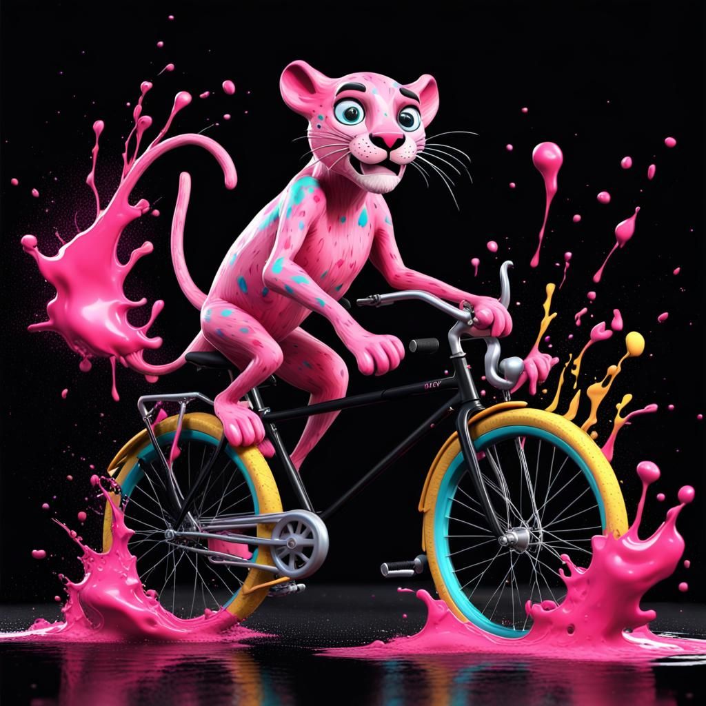 ink splatters and smudges, featuring animated pink panther on a bicycle