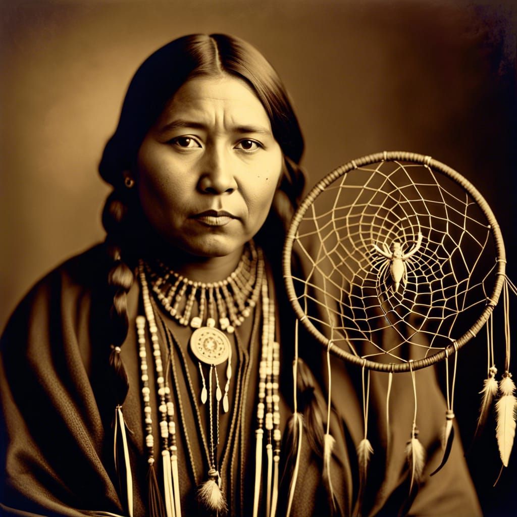 Ojibwe Woman with Dreamcatcher: 1900s Style Photograph