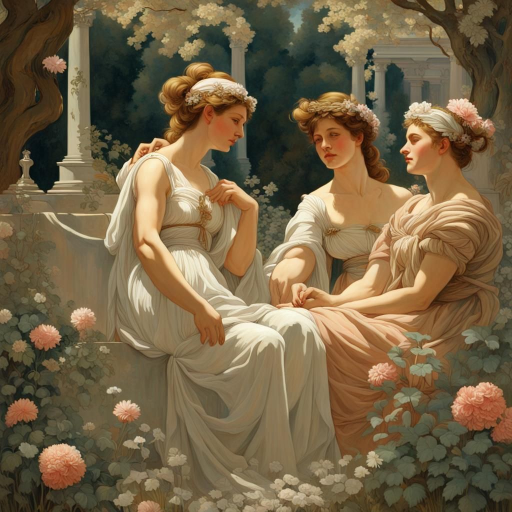 Neoclassical Garden Scene with Three Women
