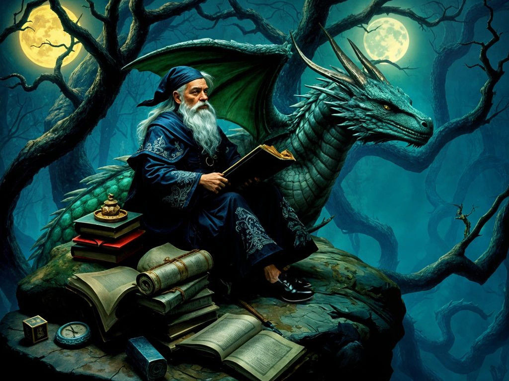 Wizard and Dragon Ponder the Cosmos in Whimsical Fantasy