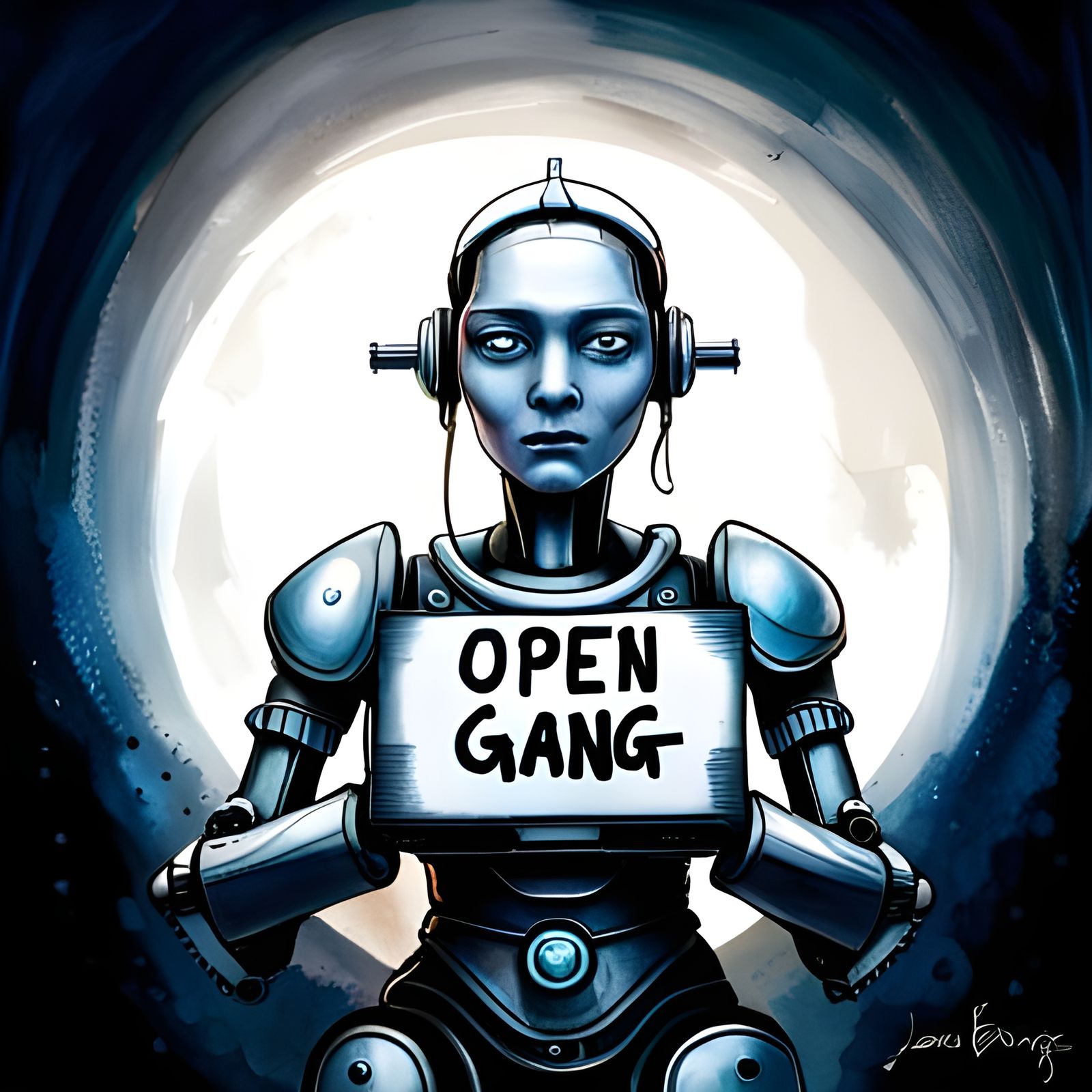 Futuristic Robot Holds Sign in Cyberpunk Style